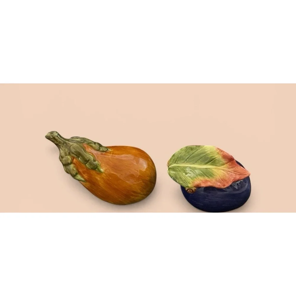 Fitz & Floyd Eggplant And Squash Salt Pepper Shaker Set Multicolor Vintage Leaf